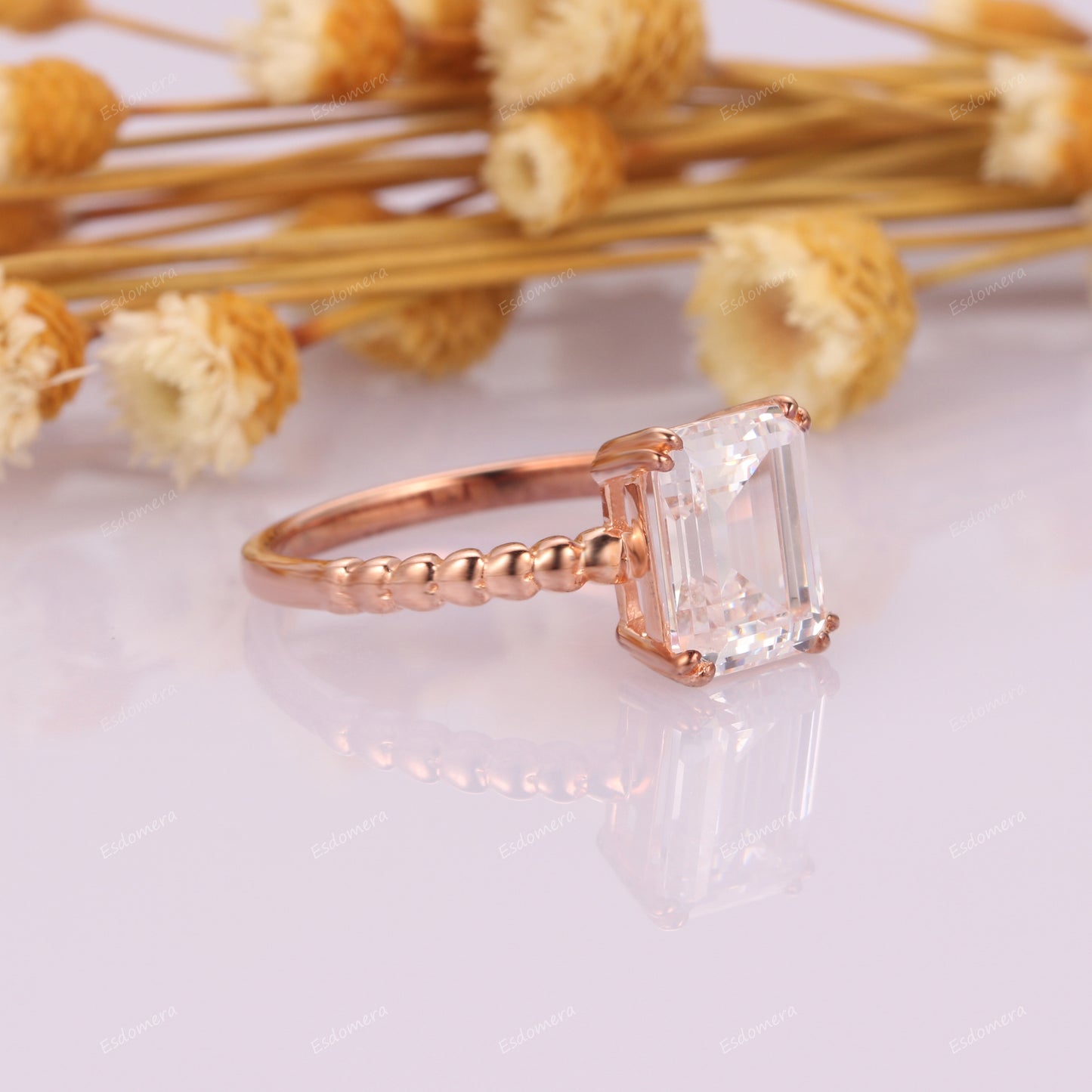 Prong Set 7x9mm Emerald Cut Moissanite Solitaire Promise Ring, 14k Rose Gold Engagement Ring For Her, Art Deco 3CT Moissanite Anniversary Ring