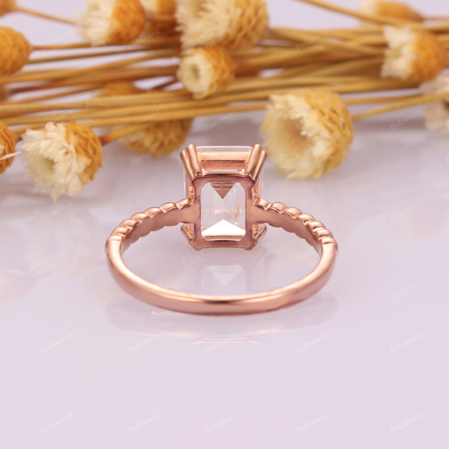 Prong Set 7x9mm Emerald Cut Moissanite Solitaire Promise Ring, 14k Rose Gold Engagement Ring For Her, Art Deco 3CT Moissanite Anniversary Ring