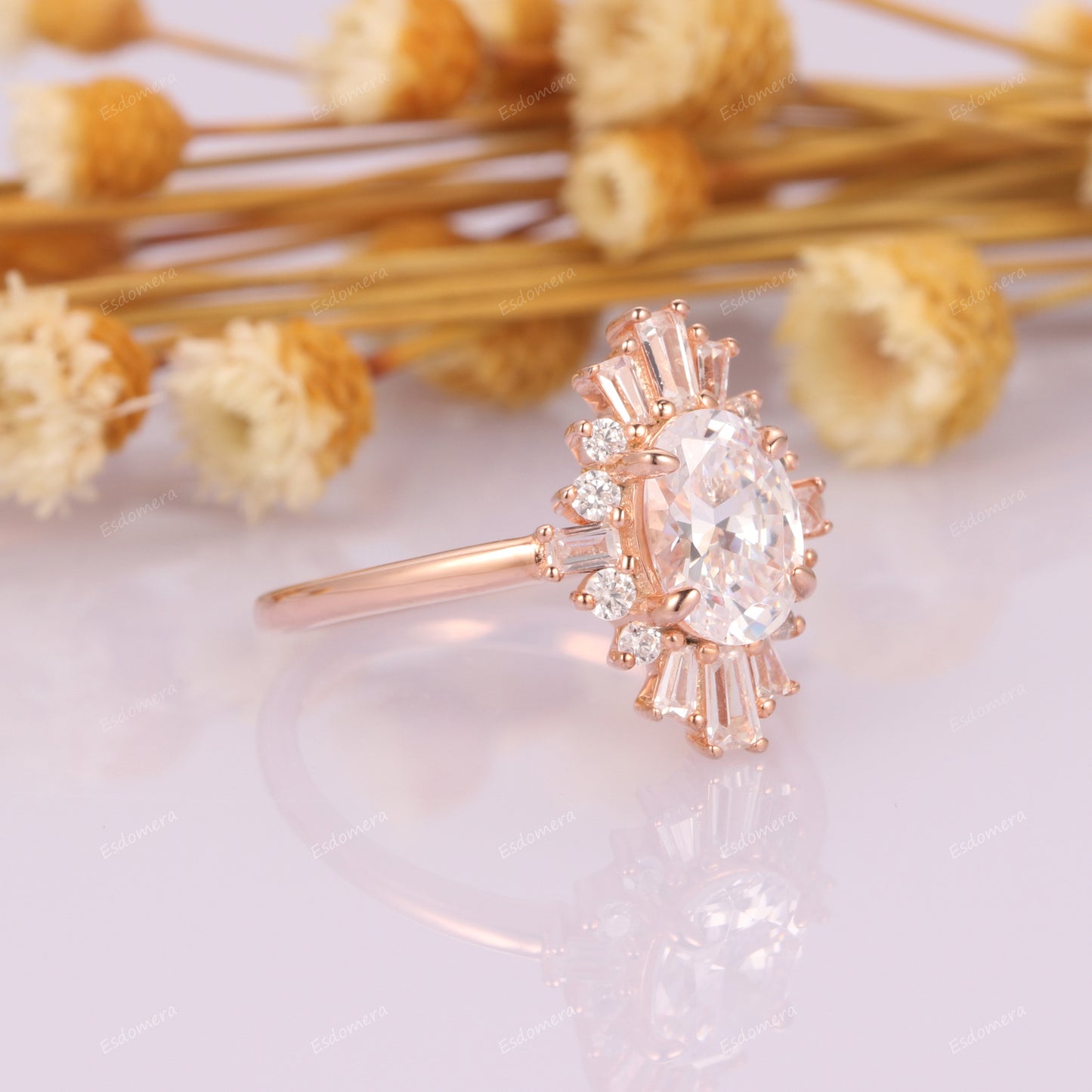 Moissanites Halo Engagement Ring For Her, Vintage 14k Rose Gold Promise Ring, 1.5CT 6x8mm Oval Cut Moissanite Anniversary Ring For Women