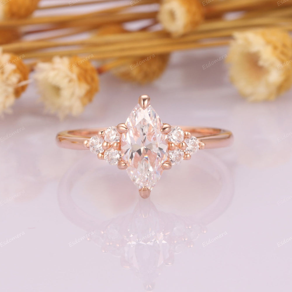 6 Prongs 5x10mm Marquise Cut Moissanite Anniversary Ring, 0.21ctw Round Cut Moissanites Cluster Ring, 14k Rose Gold Engagement Ring For Her