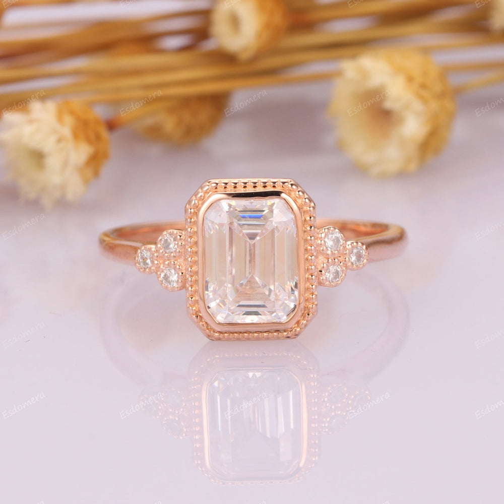 14k Rose Gold Engagement Ring For Her, Milgrain Bezel Set 2CT Emerald Cut Moissanite Promise Ring, Vintage 0.06ctw Moissanites Cluster Ring