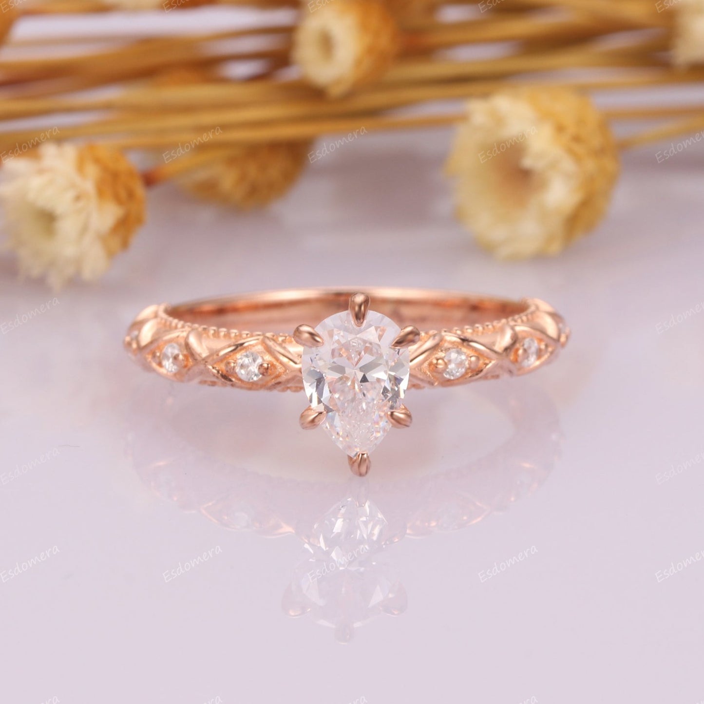 6 Prongs Pear Cut Moissanite Promise Ring For Women, 14k Rose Gold Milgrain Wedding Ring, Half Eternity Anniversary Ring
