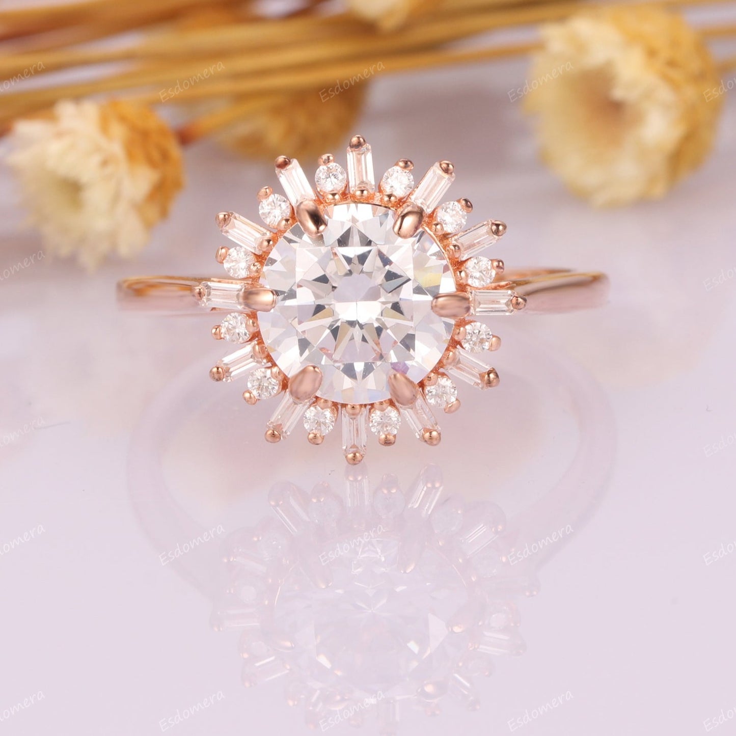 2CT Hearts And Arrows Round Brilliant Cut Moissanite Ring, 0.36ctw Moissanites Sun Shape Halo Promise Ring, 14k Rose Gold Tapered Shank Engagement Ring For Her