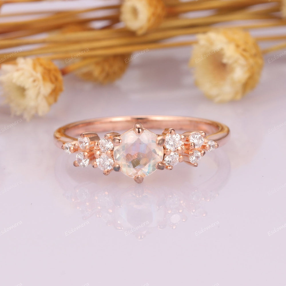 Art Deco Moissanites Cluster Ring, 0.6CT Round Cut Lab Rainbow Moonstone Promise Engagement Ring For Her, 14k Rose Gold June Birthstone Ring