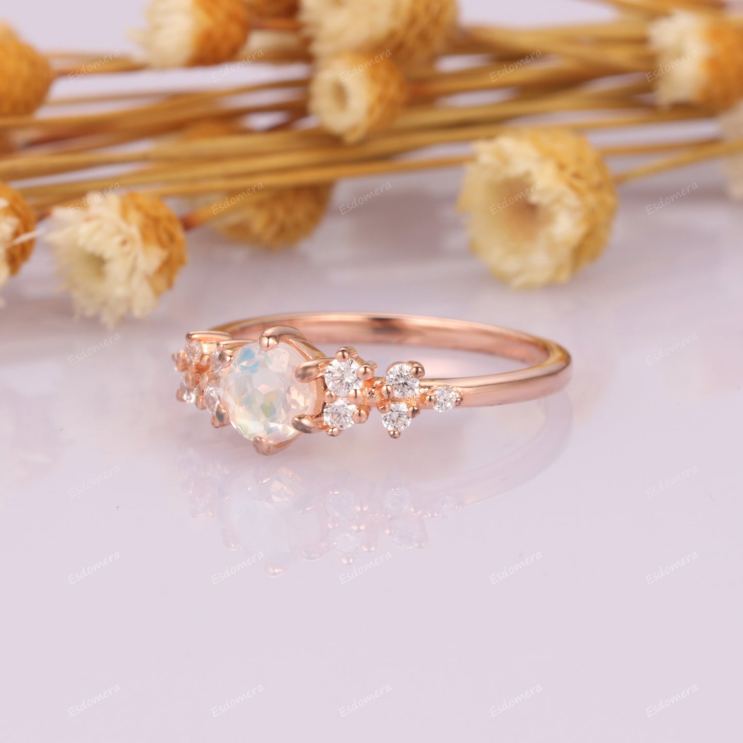 Art Deco Moissanites Cluster Ring, 0.6CT Round Cut Natural Rainbow Moonstone Promise Engagement Ring For Her, 14k Rose Gold June Birthstone Ring
