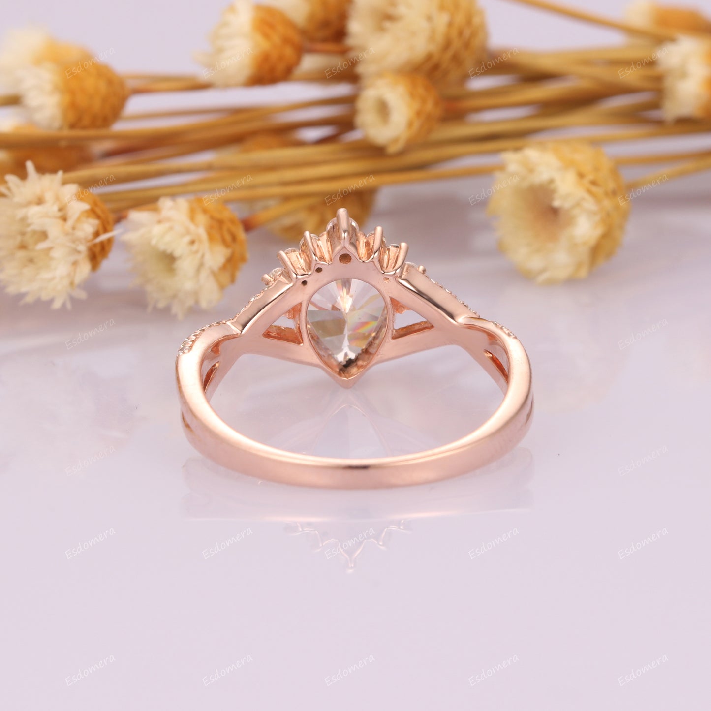 Bezel Set Pear Cut 1.3CT Moissanite Engagement Ring, Half Eternity Promise Ring, Vintage 14k Rose Gold Cross Band Bridal Ring