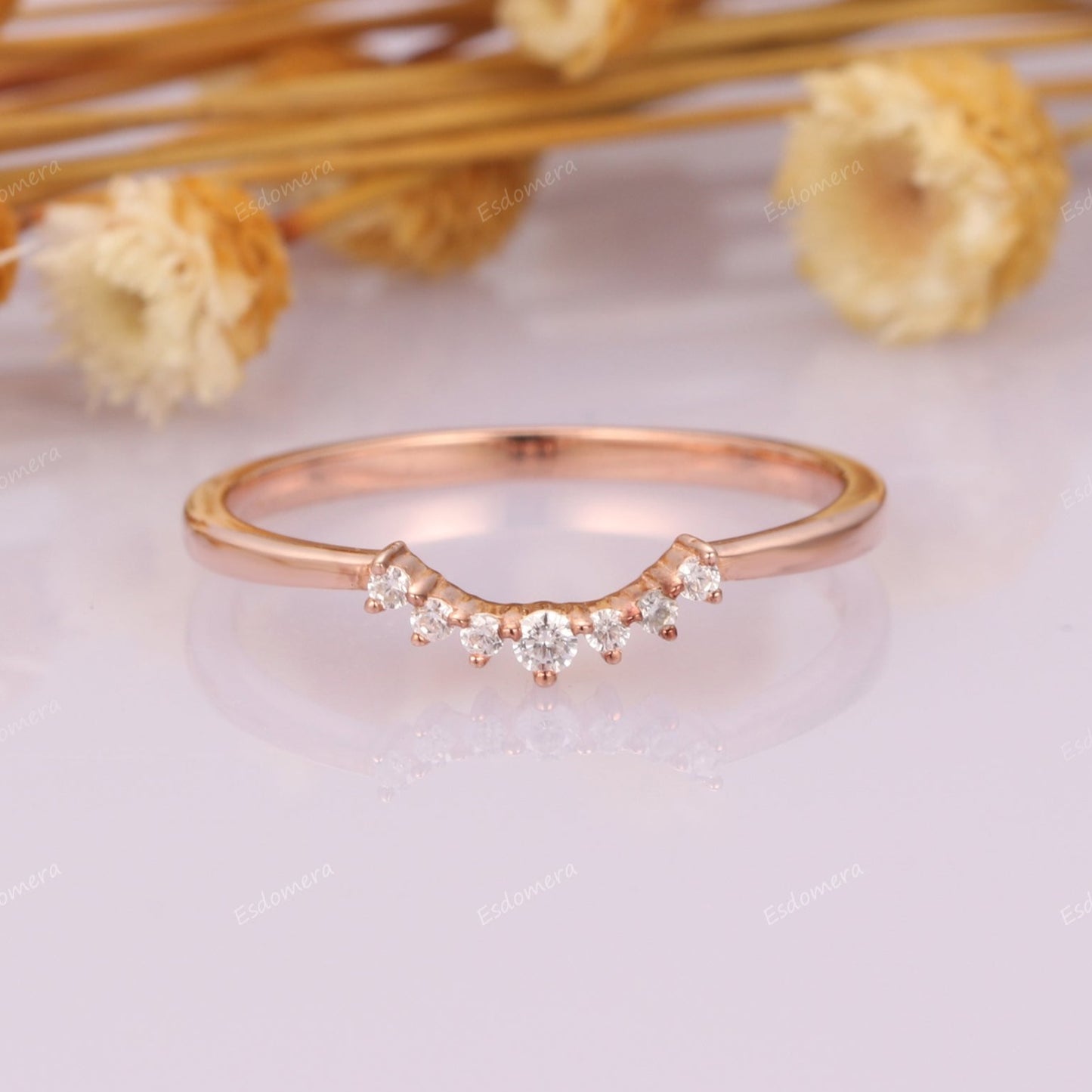 Round Moissanites Wedding Band, 14k Rose Gold Tapered Band Stackable Ring, Art Deco Ring