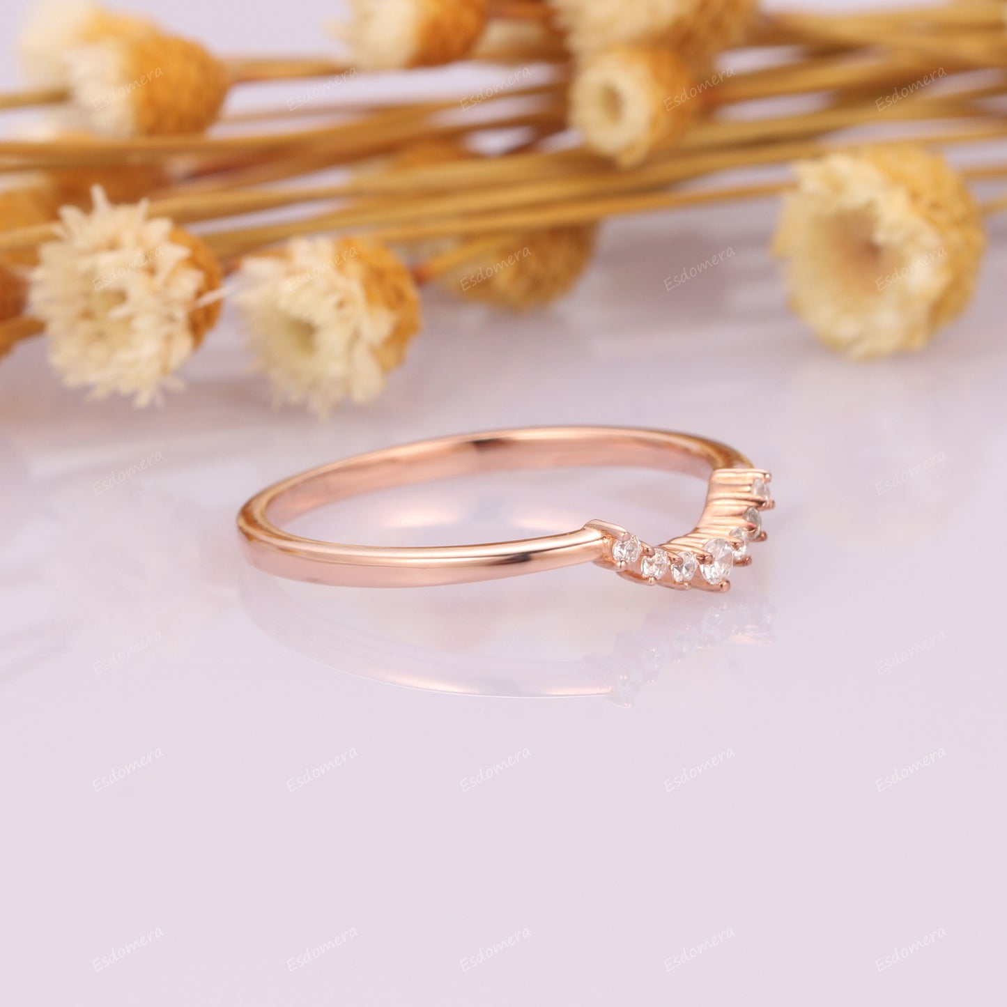 Round Moissanites Wedding Band, 14k Rose Gold Tapered Band Stackable Ring, Art Deco Ring