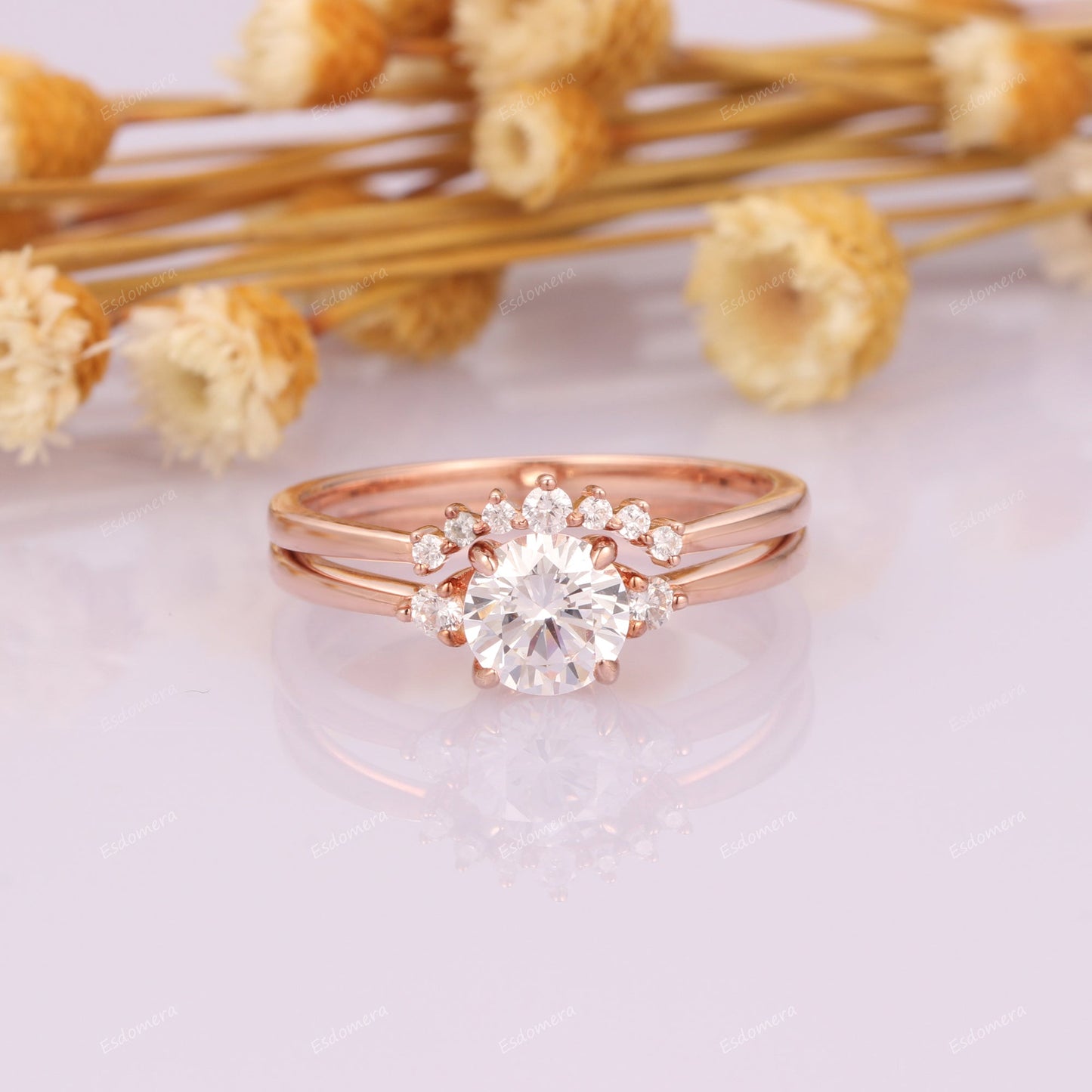 Classic 14k Rose Gold Moissanite Wedding Sets, Round Cut 6mm Moissanite Engagement Ring For Her, Curved Matching Band