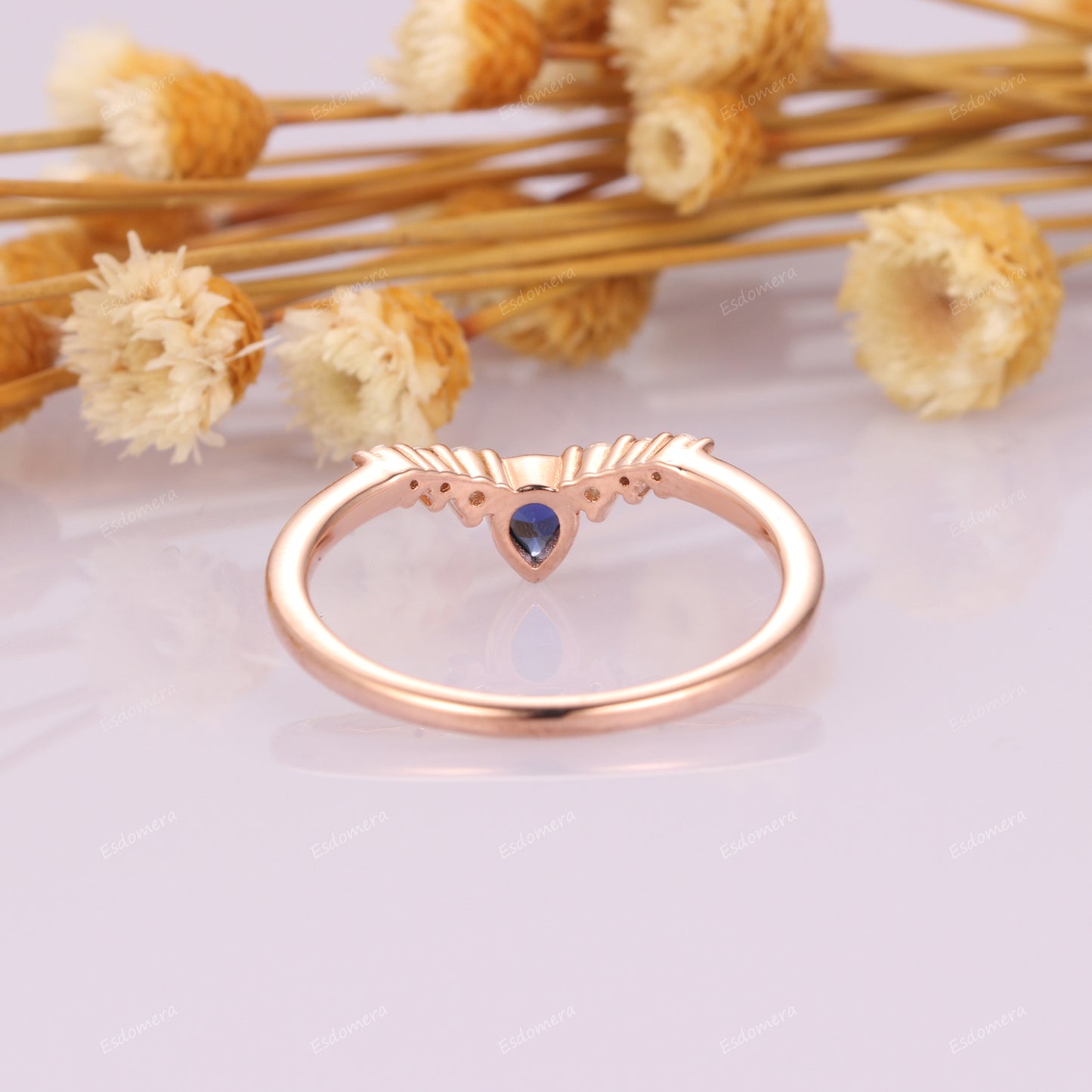 Art Deco Bezel Set 3x4mm Pear Cut Sapphire Wedding Band, 0.13ctw Round Moissanites Stackable Ring, 14k Rose Gold V Shape Matching Band