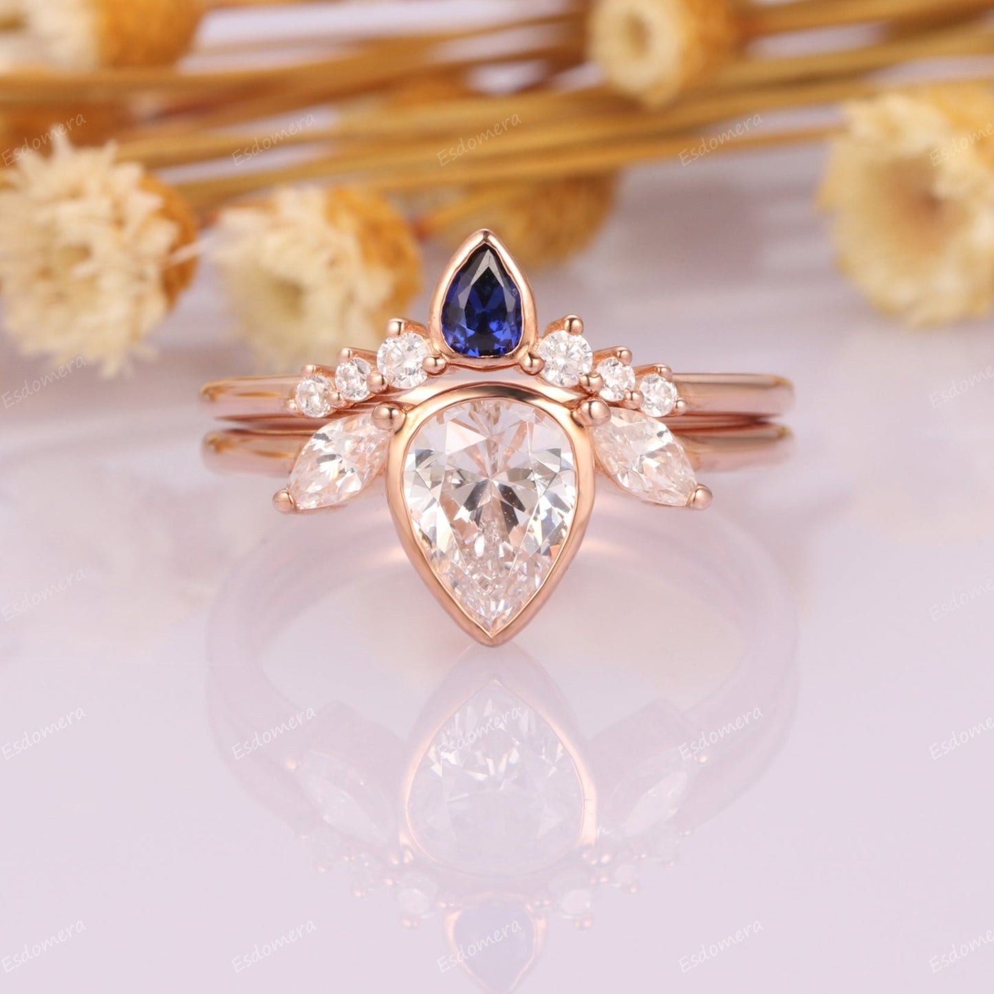 Vintage 14k Rose Gold Bridal Sets, Pear Cut 1.3CT Moissanite Promise Engagement Ring, Blue Sapphire Curved Wedding Band