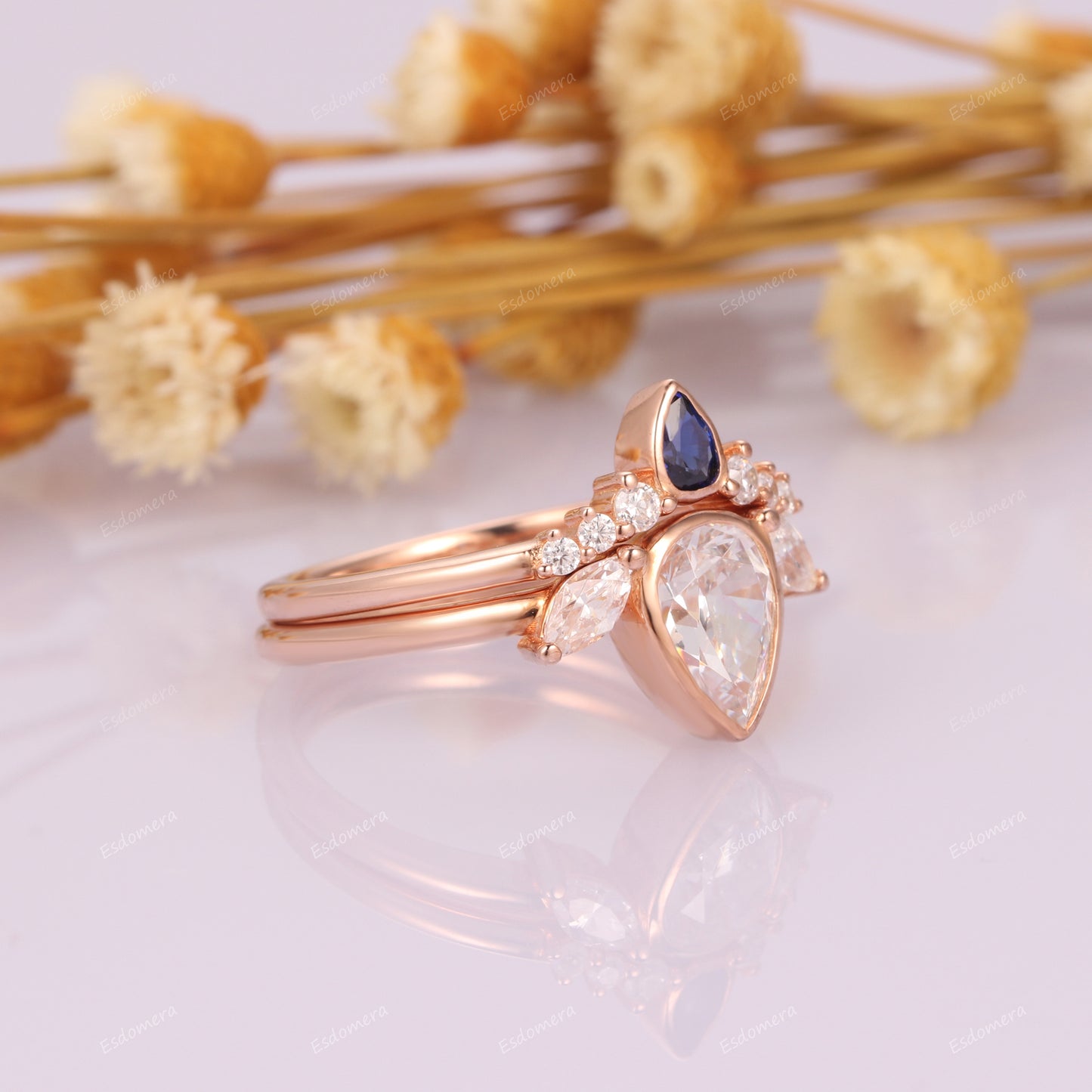 Vintage 14k Rose Gold Bridal Sets, Pear Cut 1.3CT Moissanite Promise Engagement Ring, Blue Sapphire Curved Wedding Band