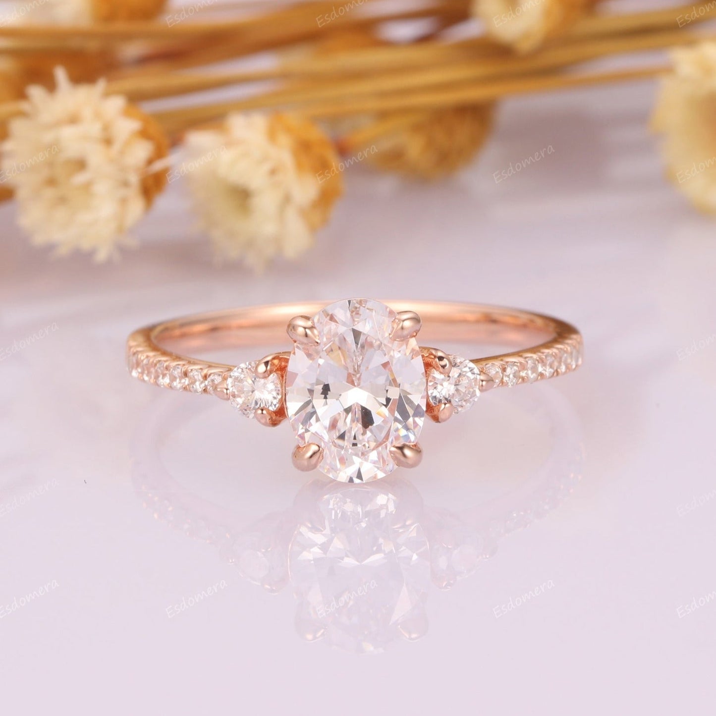 Art Deco 1.5CT Oval Cut Moissanite Engagement Ring, 14k Rose Gold Tapered Band Valentine Ring, Moissanites Half Eternity Promise Ring