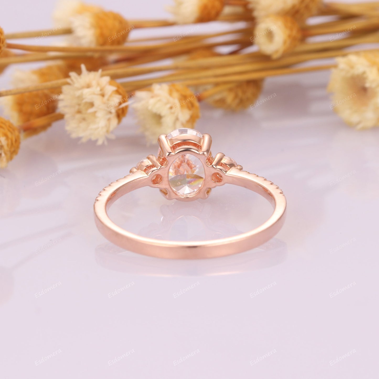 Art Deco 1.5CT Oval Cut Moissanite Engagement Ring, 14k Rose Gold Tapered Band Valentine Ring, Moissanites Half Eternity Promise Ring