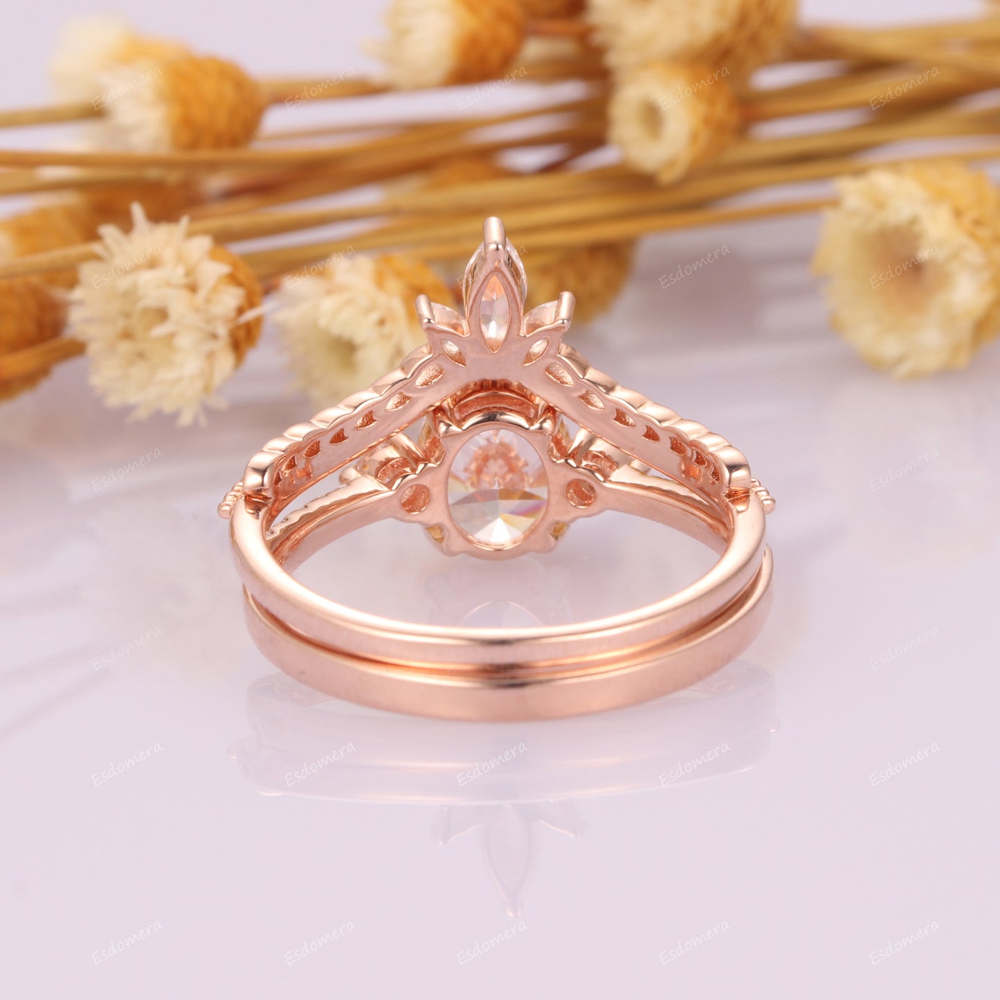 14k Rose Gold Moissanite Bridal Sets, Art Deco 1.5CT Oval Cut Moissanite Tapered Band Engagement Ring For Her, Vintage Curved Shaped Wedding Band