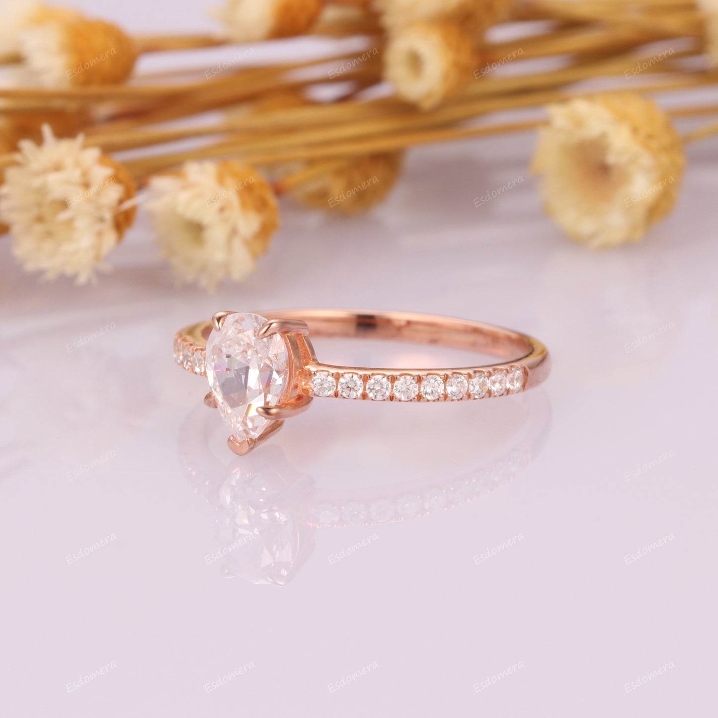 5 Prongs 0.8CT Pear Cut Moissanite Engagement Ring, 14k Rose Gold Anniversary Ring For Her, Half Eternity Bridal Ring
