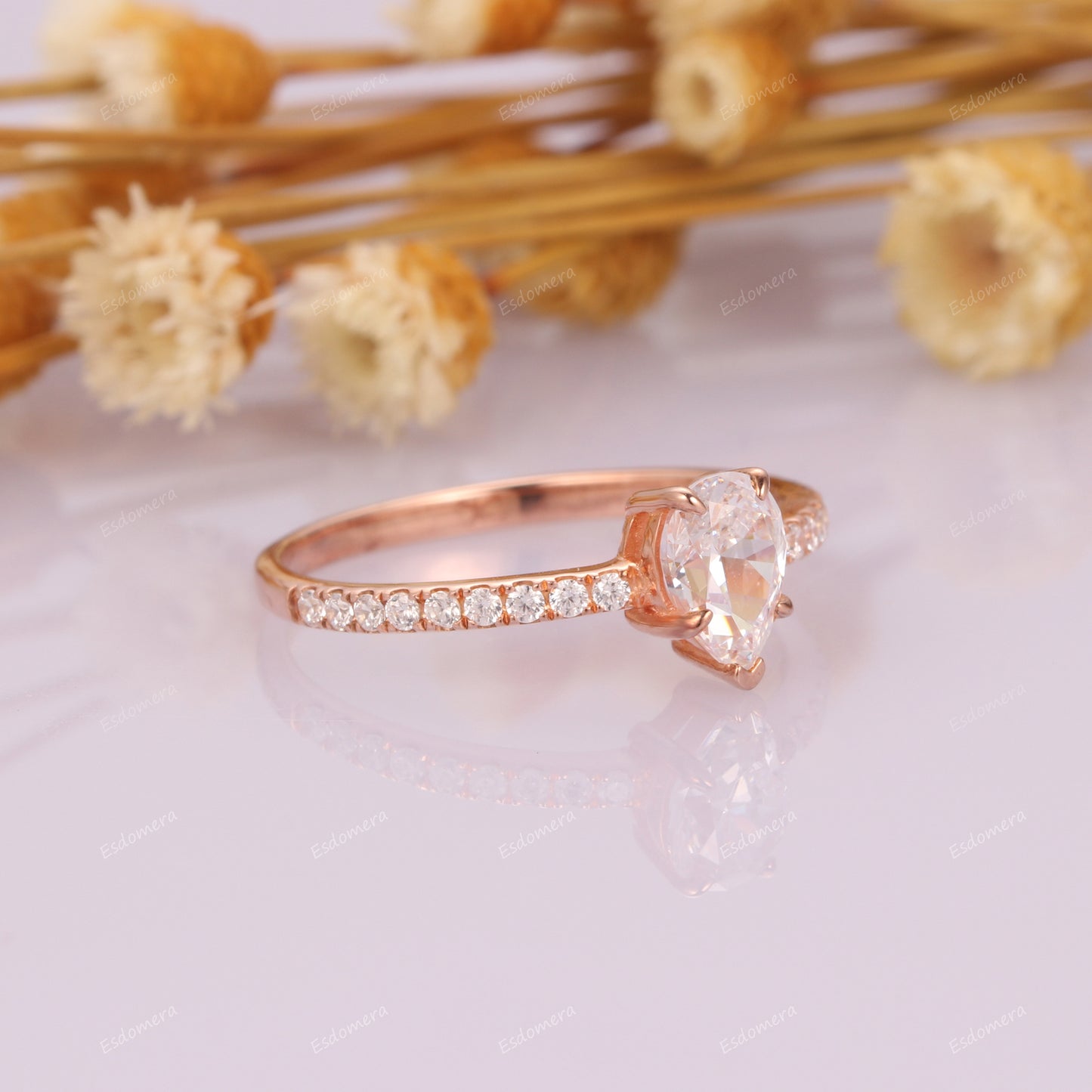 5 Prongs 0.8CT Pear Cut Moissanite Engagement Ring, 14k Rose Gold Anniversary Ring For Her, Half Eternity Bridal Ring