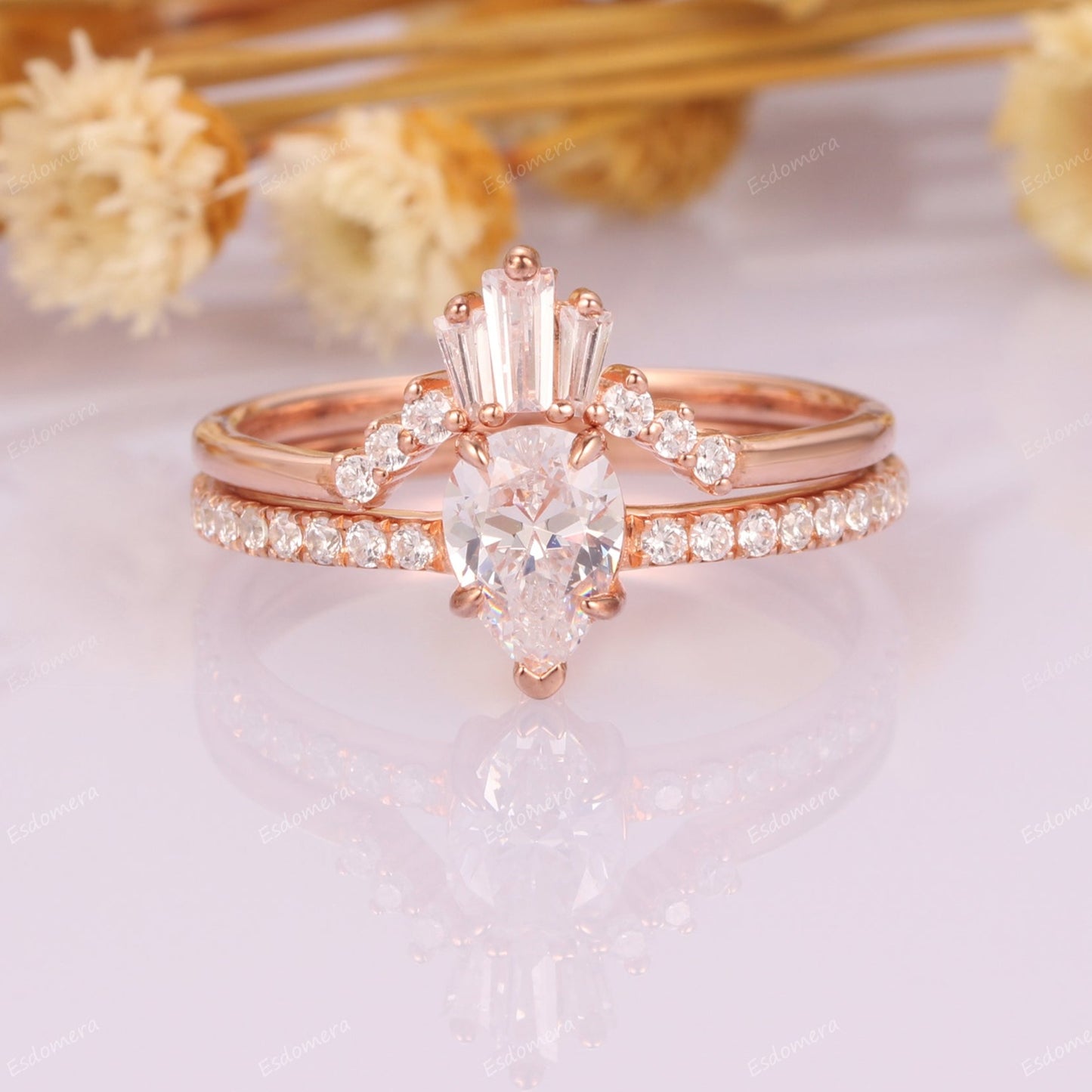 2pcs 14k Rose Gold Wedding Sets, Vintage 5x7mm Pear Cut Moissanite Engagement Ring For Her, Art Deco 0.37ctw Moissanites Curved Wedding Band