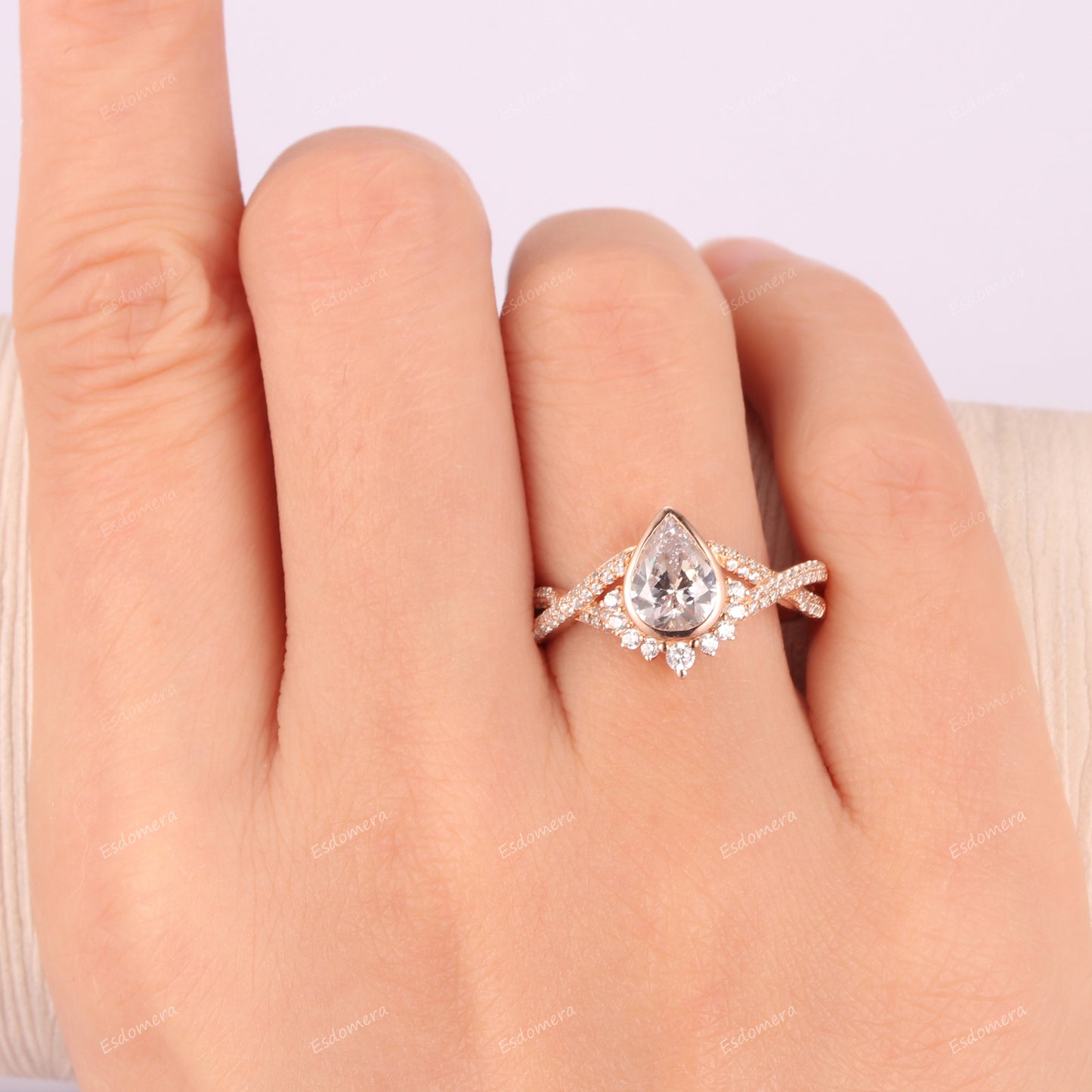 Bezel Set Pear Cut 1.3CT Moissanite Engagement Ring, Half Eternity Promise Ring, Vintage 14k Rose Gold Cross Band Bridal Ring