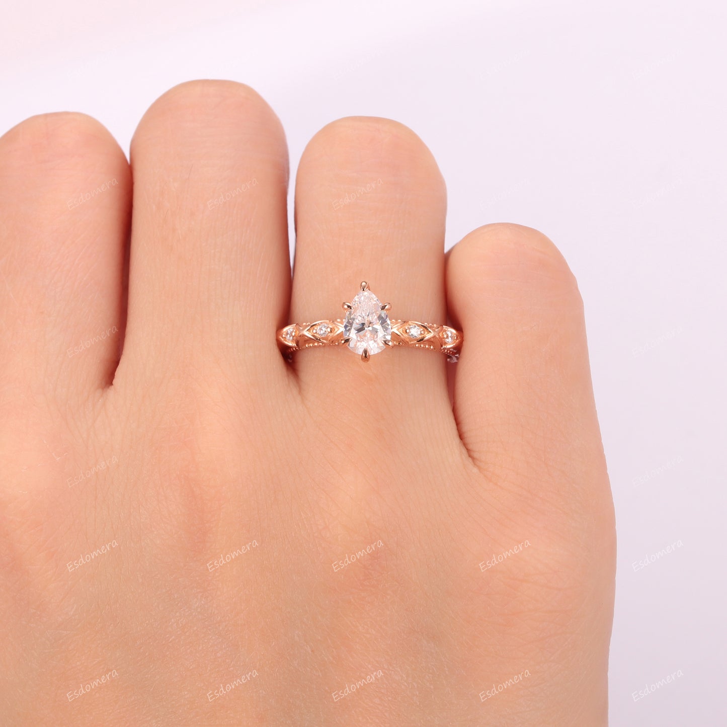 6 Prongs Pear Cut Moissanite Promise Ring For Women, 14k Rose Gold Milgrain Wedding Ring, Half Eternity Anniversary Ring