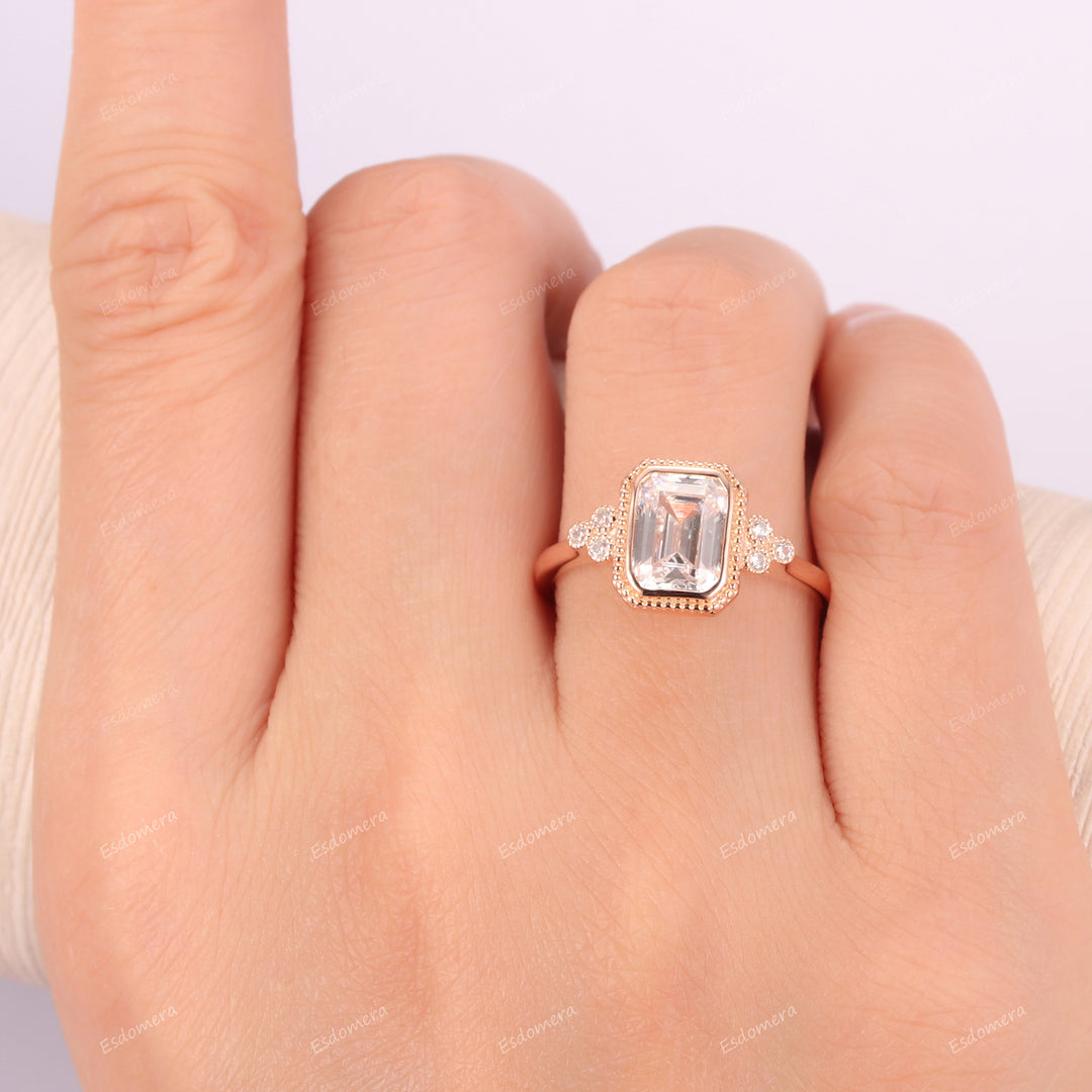 14k Rose Gold Engagement Ring For Her, Milgrain Bezel Set 2CT Emerald Cut Moissanite Promise Ring, Vintage 0.06ctw Moissanites Cluster Ring