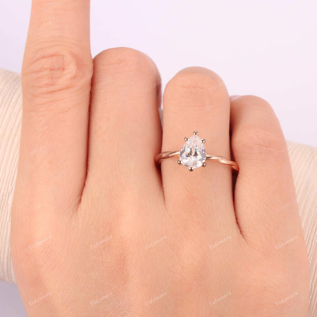 6 Prongs Pear Cut 6x8mm Moissanite Engagement Ring, Classic Promise Ring For Her, 14k Rose Gold Twisted Band Solitaire Ring