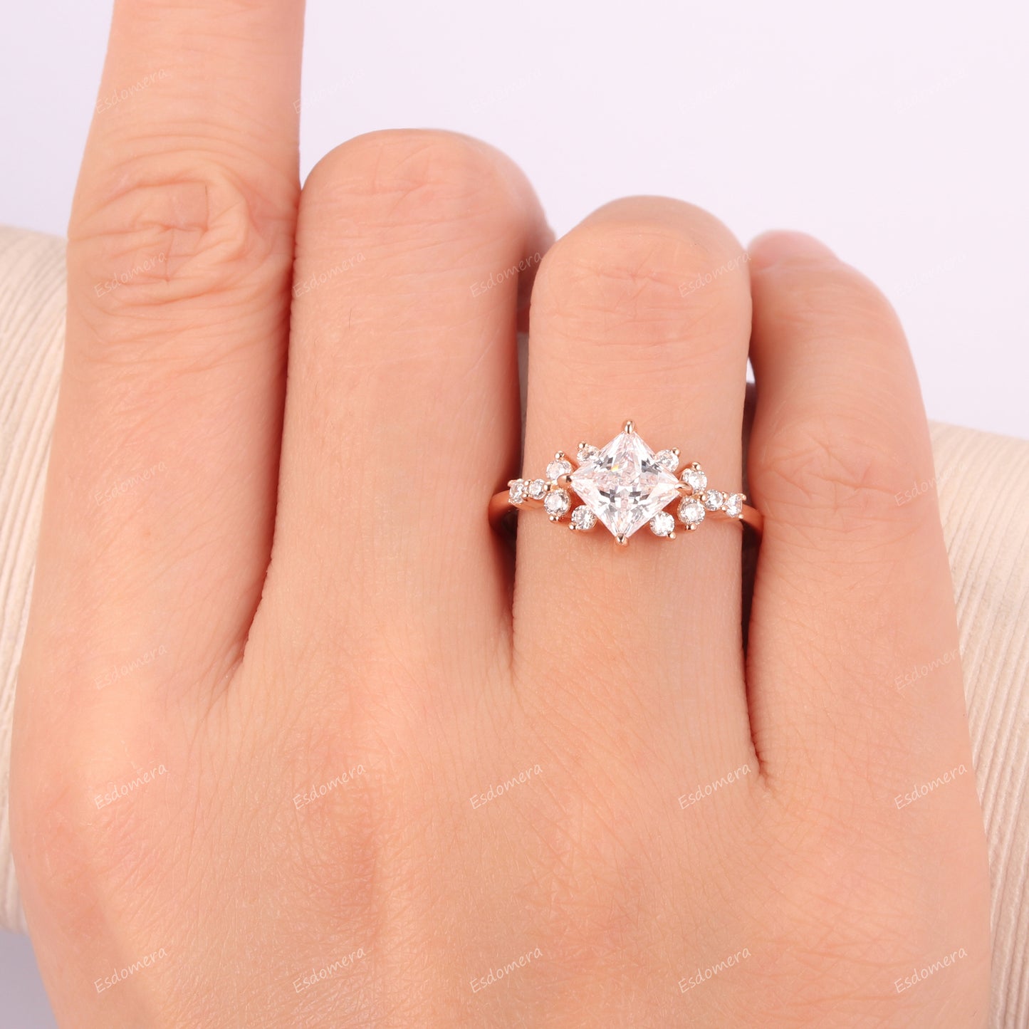 Sparkling 6x6mm Princess Cut Moissanite Anniversary Ring For Women, Round Shape Moissanites Cluster Engagement Ring, Vintage Promise Ring For Her