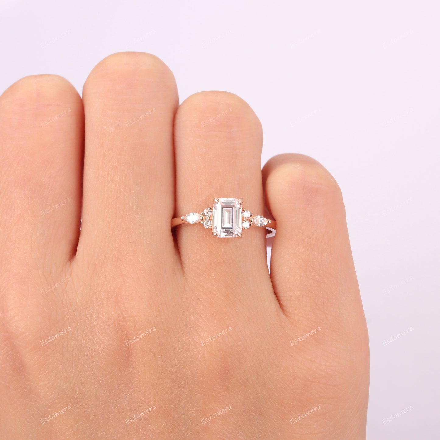 Vintage 5x7mm Emerald Cut Moissanite Wedding Proposal Ring, Art Deco Moissanites Cluster  Ring, 14k Rose Gold Promise Engagement Ring