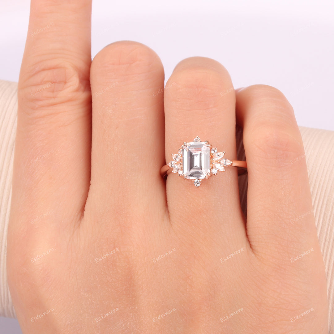 Vintage 6x8mm Emerald Cut Moissanite Engagement Ring Set, Art Deco 14k Rose Gold Cluster Ring, Elegant Promise Ring For Her