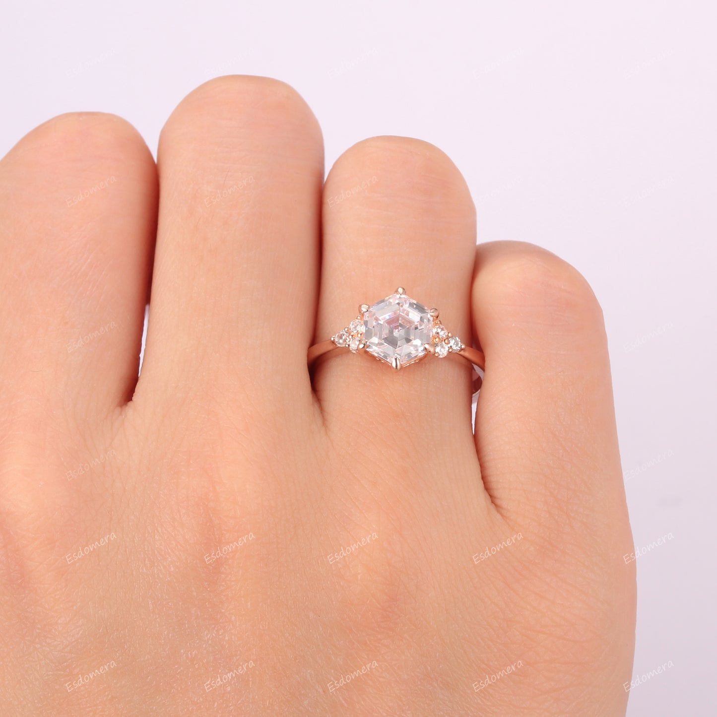 6 Prongs 1.35CT Hexagon Cut Moissanite Promise Ring, Tapered Band Engagement Ring For Her, Moissanites Cluster Anniversary Ring For Women