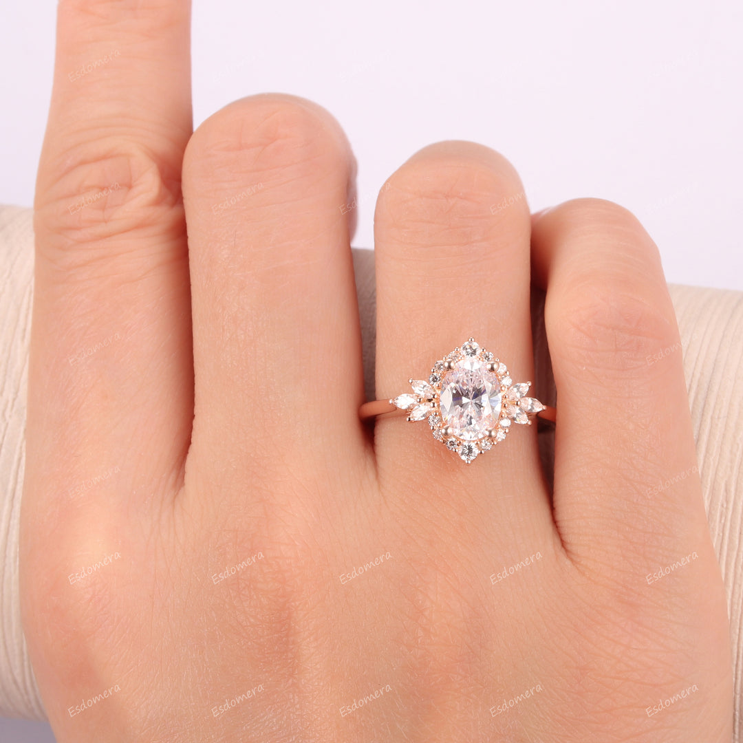Vintage 1.50CT Oval Cut Moissanite Promise Ring, 14k Rose Gold Handmade Engagement Ring, Elegant Moissanites Halo Wedding Ring