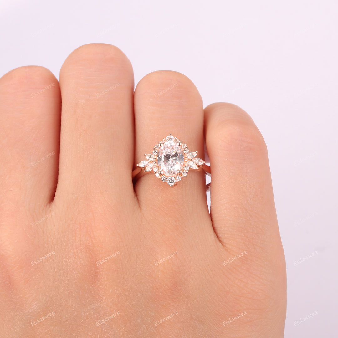 Vintage 1.50CT Oval Cut Moissanite Promise Ring, 14k Rose Gold Handmade Engagement Ring, Elegant Moissanites Halo Wedding Ring