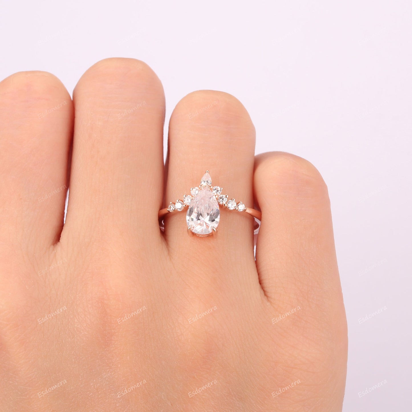 Art Deco 1.5 CT Pear Cut Moissanite Wedding Ring, 14k Rose Gold V Shape Promise Engagement Ring, 0.24ctw Moissanites Accents Valentine Ring For Lover
