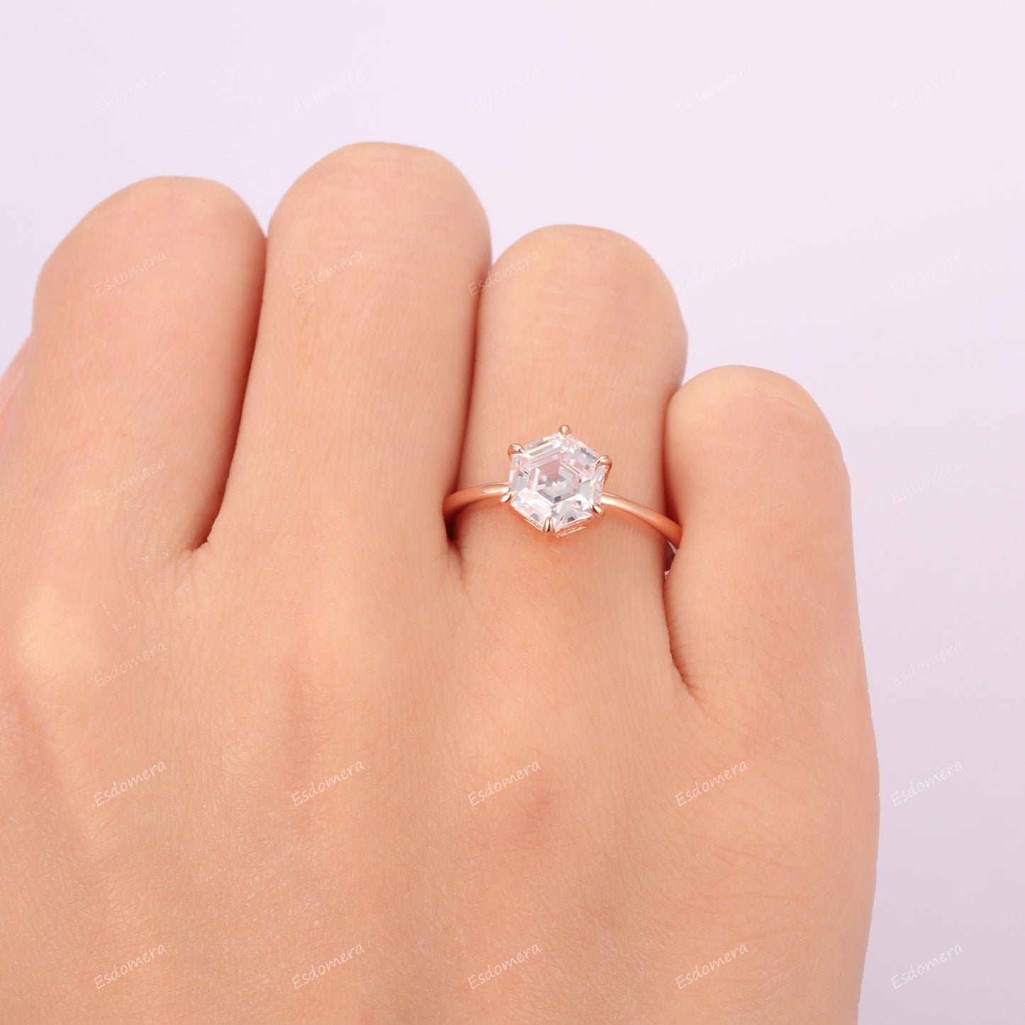 Unique Hexagon Cut 7mm Moissanite Solitaire Ring, Birthday Gift For Women, 14k Rose Gold Plain Band Engagement Ring