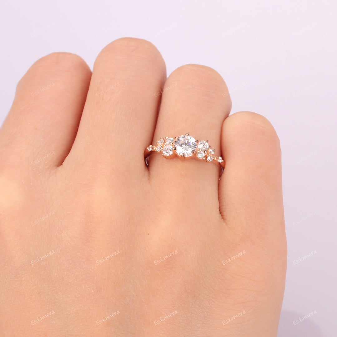 Vintage 0.50CT Round Cut Moissanite Promise Ring For Her, Sparkling 0.23ctw Moissanites Cluster Ring, 14k Rose Gold Engagement Ring For Her