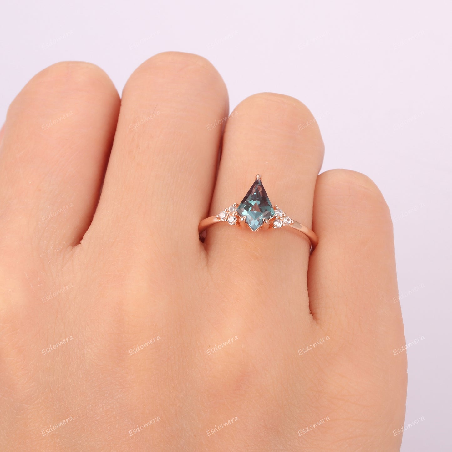 Classic Kite Cut Alexandrite Engagement Ring For Her, Moissanite Cluster June Birthstone Ring, 14k Rose Gold Anniversary Ring For Women