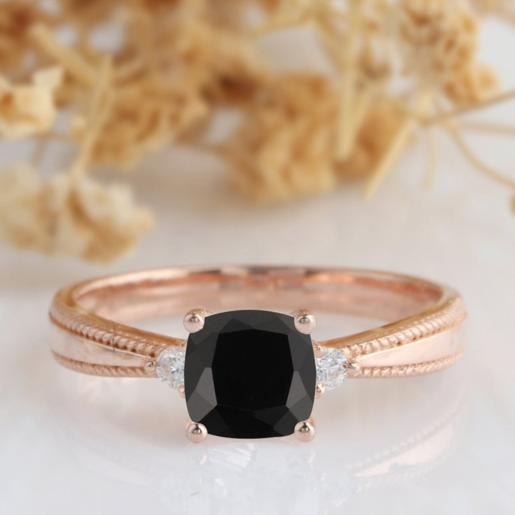 Cushion Cut 6mm Onyx Wedding Ring,  14k Rose Gold Art Deco Engagement Ring