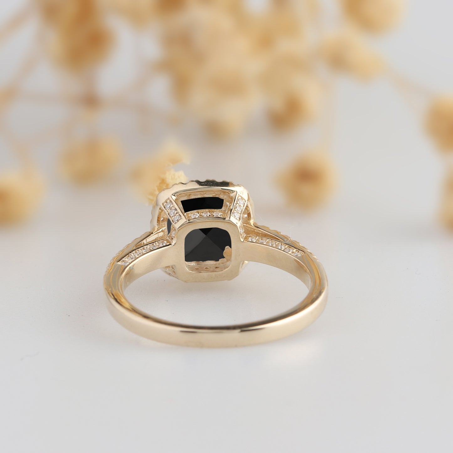 Cushion Cut 7.5mm Onyx Wedding Ring,  14k Rose Gold Halo Engagement Ring