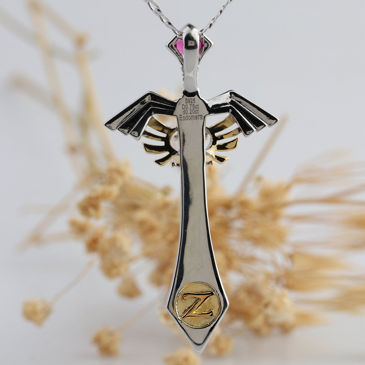 Two Tone Color Sword Design Necklace, Lab Created Ruby Sterling Silver Pendant