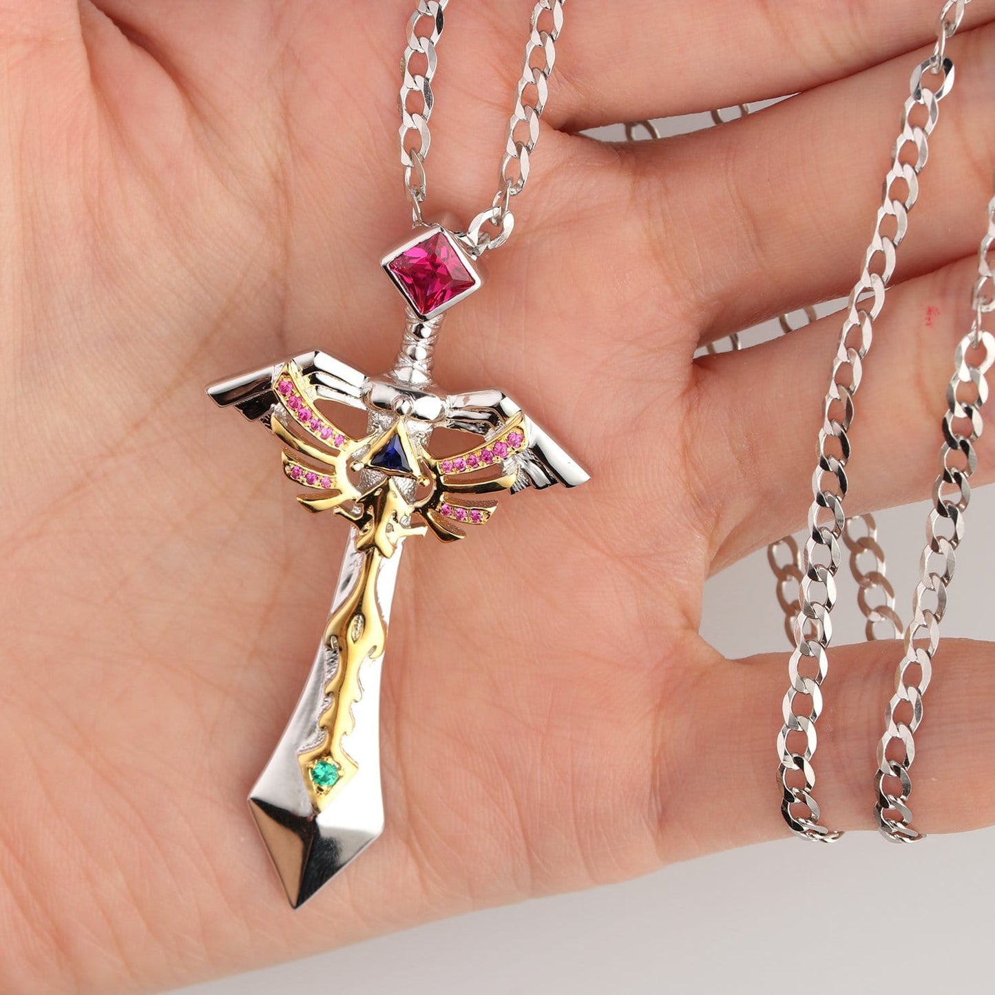 Two Tone Color Sword Design Necklace, Lab Created Ruby Sterling Silver Pendant