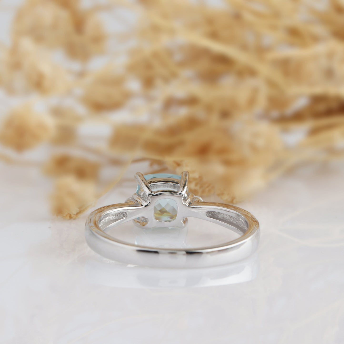 Cushion Cut 7x7mm Natural Aquamarine Ring, Vintage 14k White Gold Engagement Ring