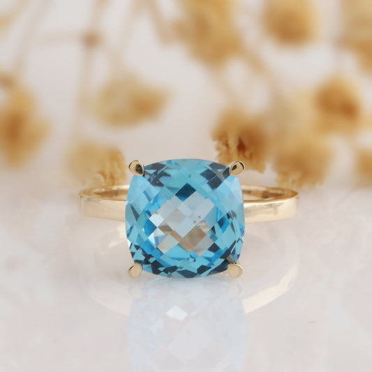 5CT Cushion Cut Natural Blue Topaz Ring, Solid 14k Gold Engagement Ring
