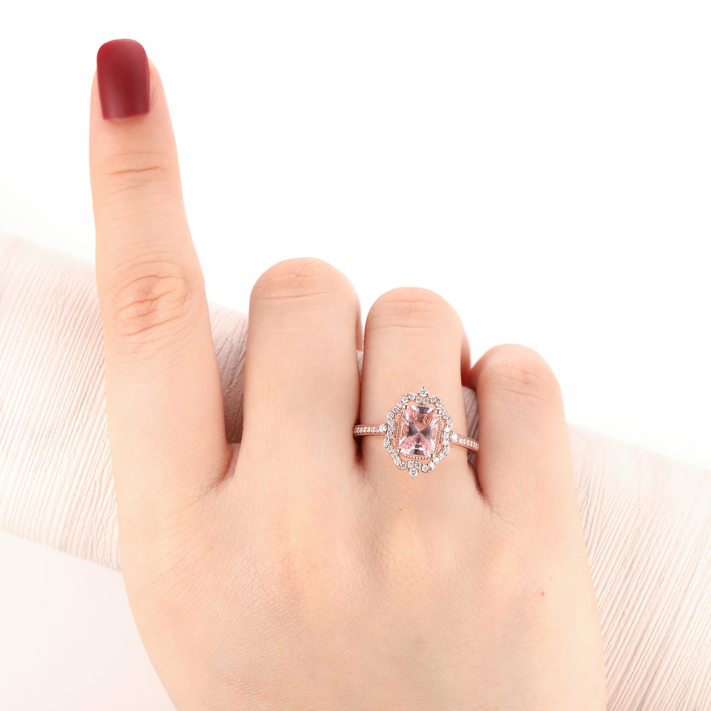 2CT Radiant Natural Morganite Engagement Ring, Halo Natural Diamond Ring, Solid Gold Ring