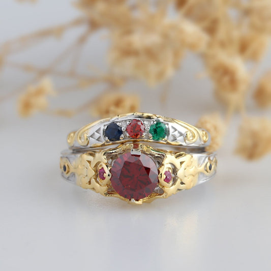 Game Ring, Two Tone Gold Ring, Lab Created Ruby Bridal Set