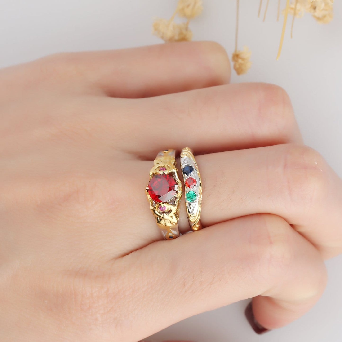 Game Ring, Two Tone Gold Ring, Lab Created Ruby Bridal Set