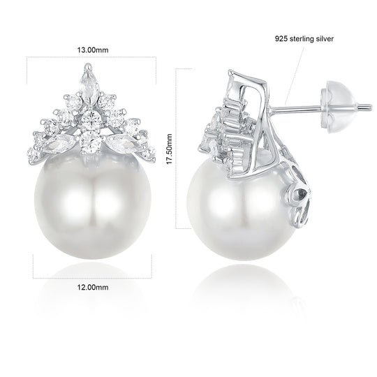 Simulated Diamond Earrings, Natural Shell Pearl 12mm Studs Earrings, Art Deco Silver Earrings