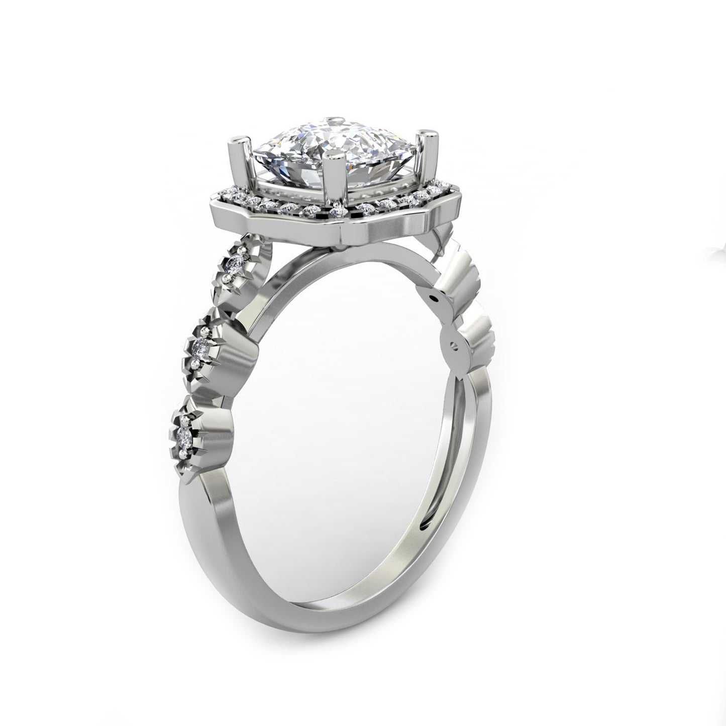 Half Eternity Engagement Ring, 1.7CT Cushion Cut Moissanite Halo Ring