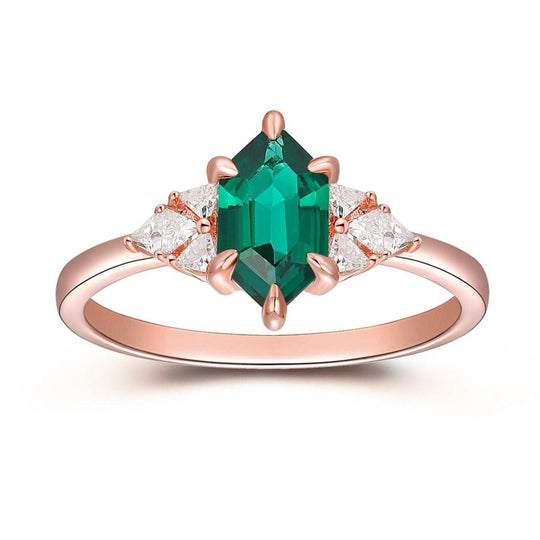 Art Deco 1.10CT Long Hexagon Cut Emerald Ring, Moissanite Accent Ring, 14K Rose Gold Bridal Anniversary Gift For Women - Esdomera