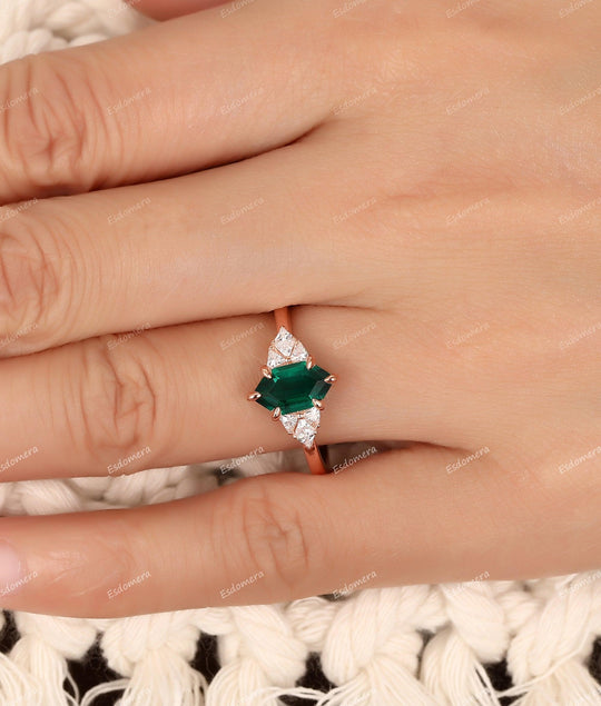 Art Deco 1.10CT Long Hexagon Cut Emerald Ring, Moissanite Accent Ring, 14K Rose Gold Bridal Anniversary Gift For Women - Esdomera