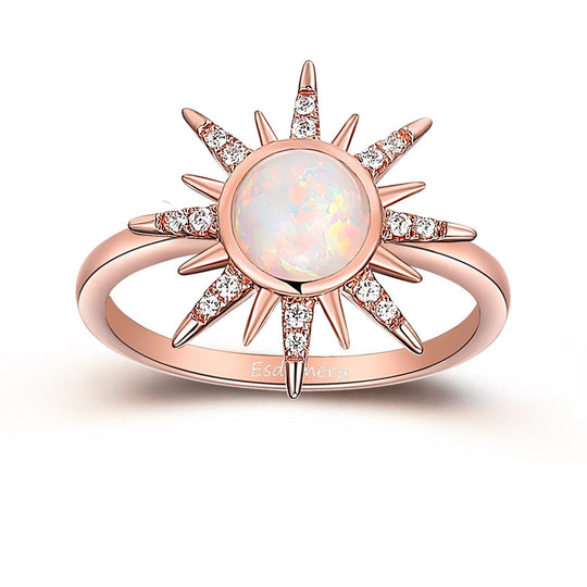 Art Deco 14k Rose Gold Moissanites Halo Ring, October Birthstone Ring, Bezel Set Round Cabochon Cut Pink White Opal Promise Engagement Ring - Esdomera